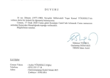 Nevşehir Eski Milletvekili Yaşar Kemal Yüksekli vefat etti. 